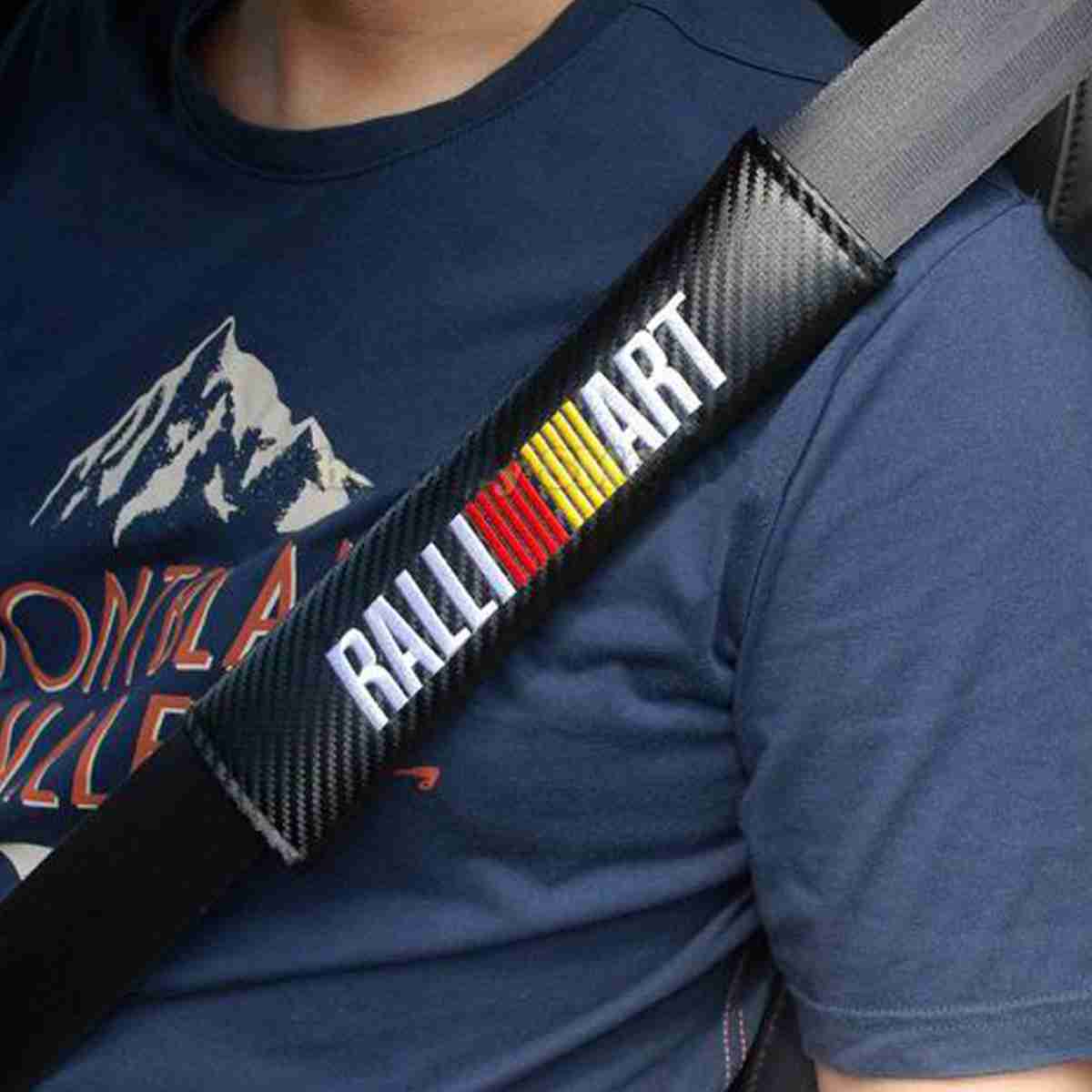 RALLIART Seat Belt Cover Shoulder Pads 2 Pcs Black Carbon Look Embroidery Logo - Image 1