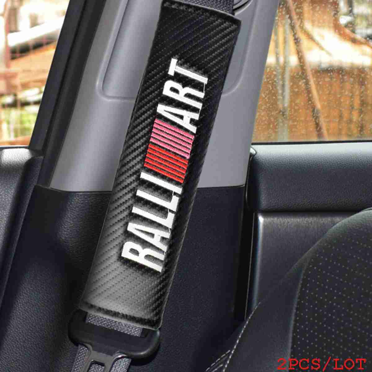 RALLIART Seat Belt Cover Shoulder Pads 2 Pcs Black Carbon Look Embroidery Logo - Thumbnail 3
