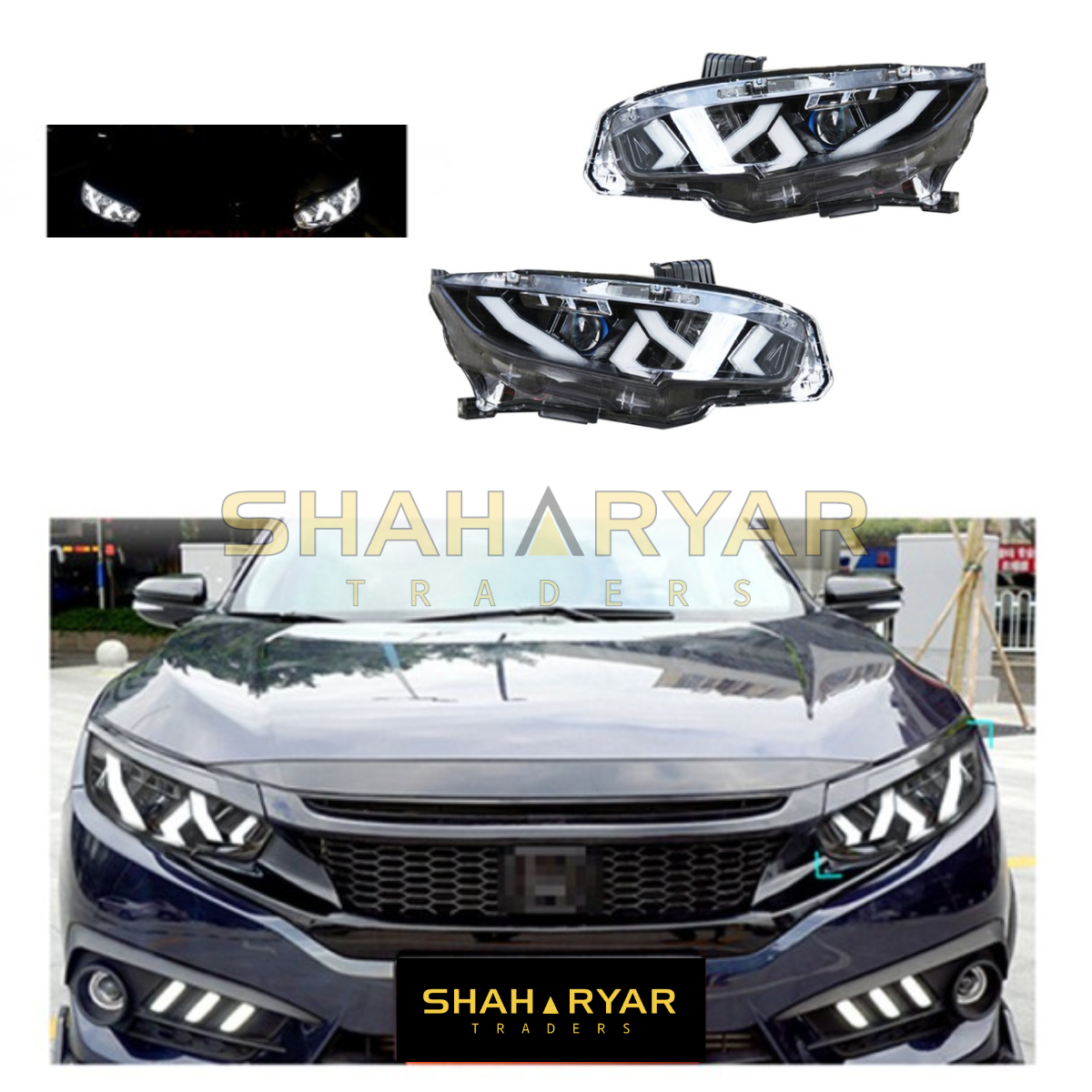 Honda Civic Lamborghini Style LED Head Lamps Pair - Model 2016-2021 - Image 1