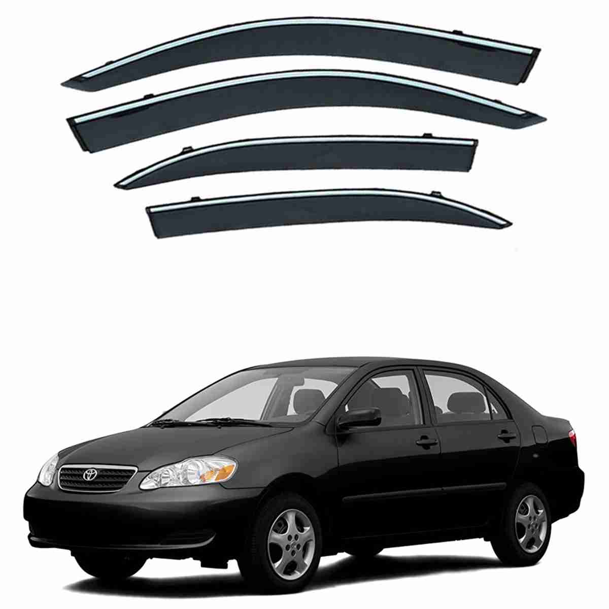 Toyota Corolla 2002 to 2008 - Black Tinted Chrome Trim Air Press - Door Window Visor - Vent Shade - Sun Guard - Image 1