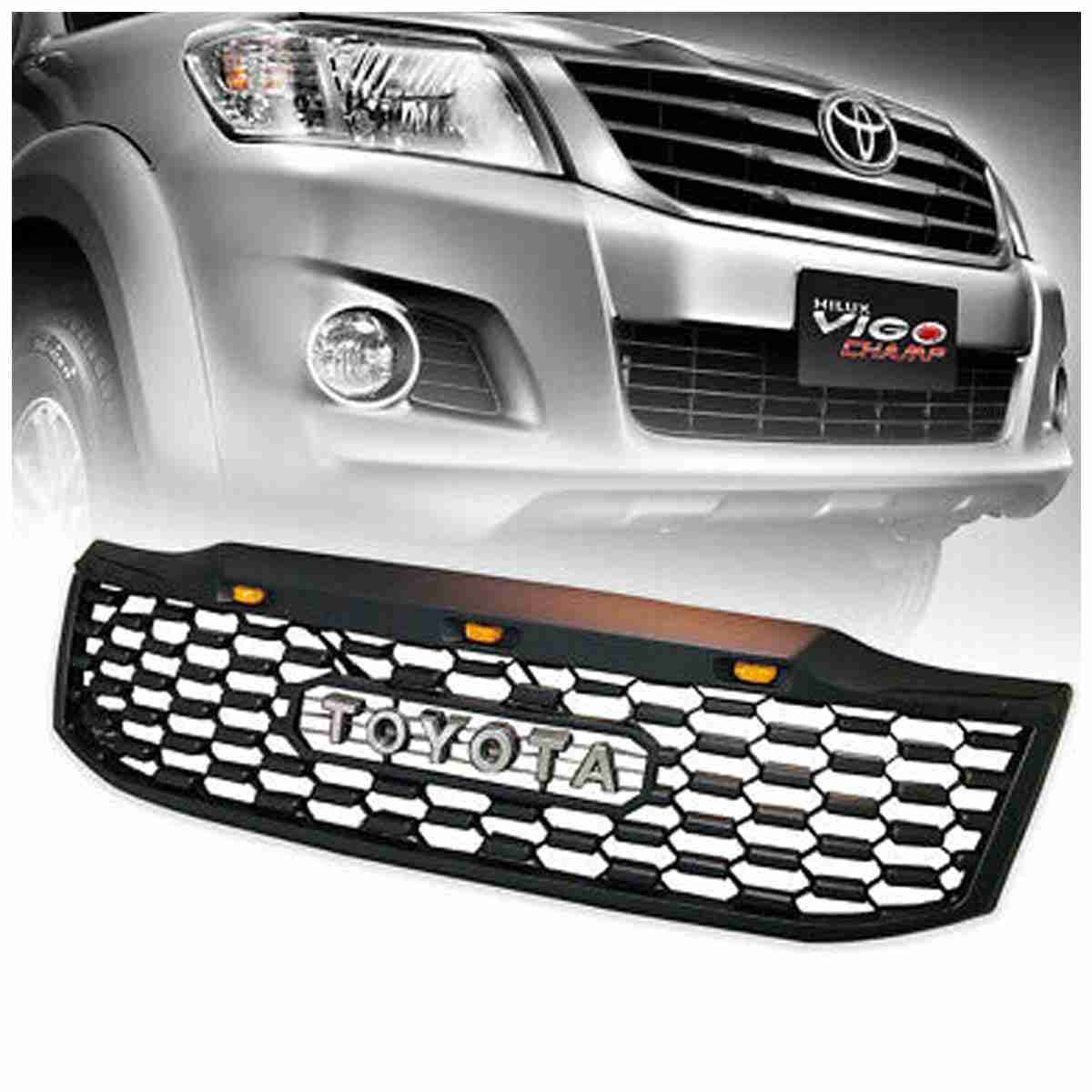 Toyota Hilux Vigo 2008 to 2015 Front Grill Mat Black Mesh with Lights - Image 1