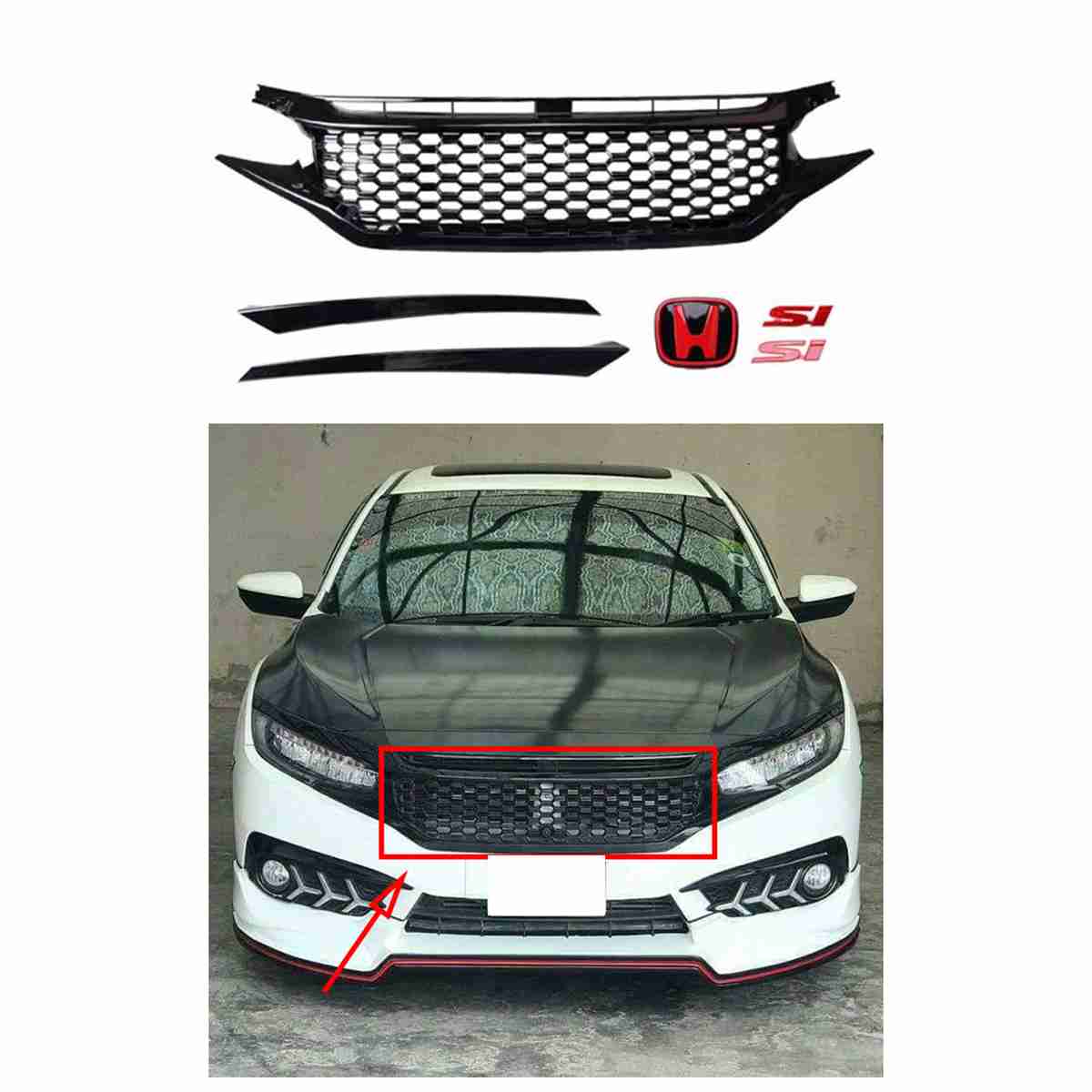 Honda Civic 2016 to 2020 Front Grill Si Style Glossy Black - Thumbnail 2