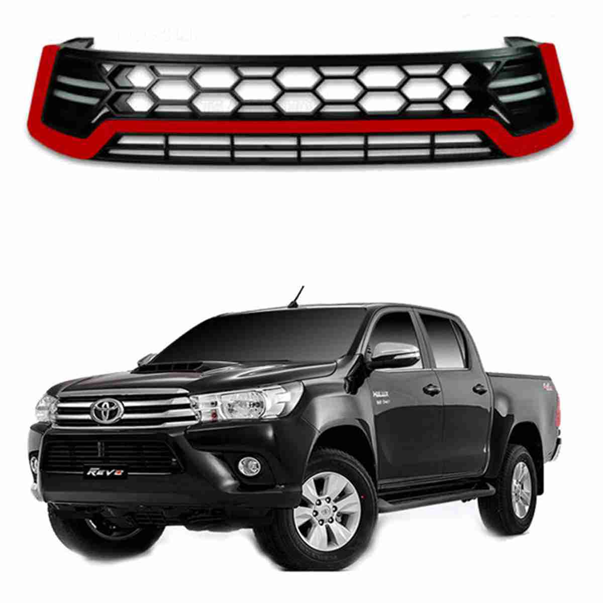 Front Mesh Grill Red DRL DayLight for Toyota Hilux Revo 2016 to 2020 - Thumbnail 2